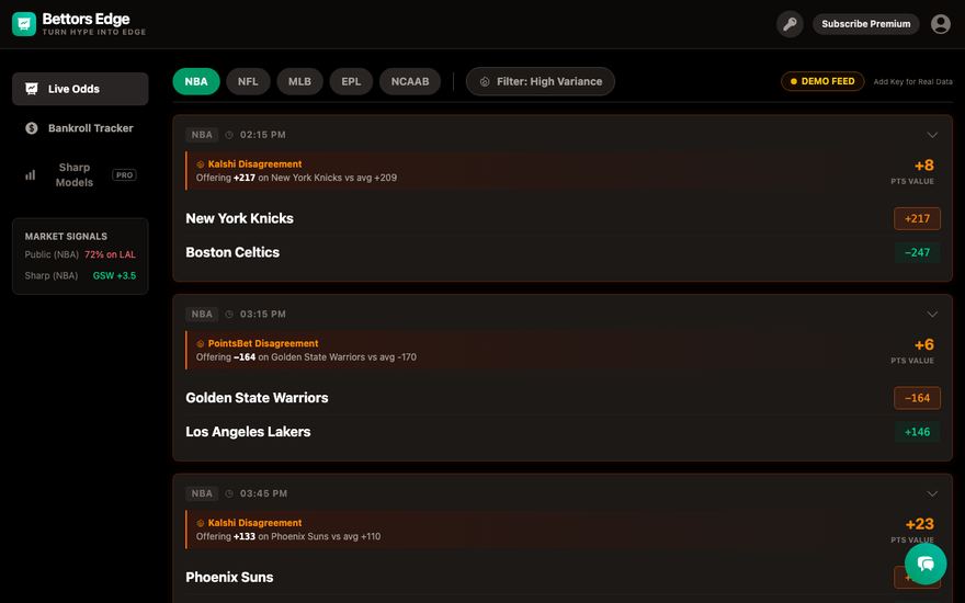 Screenshot of the Bettors Edge app interface