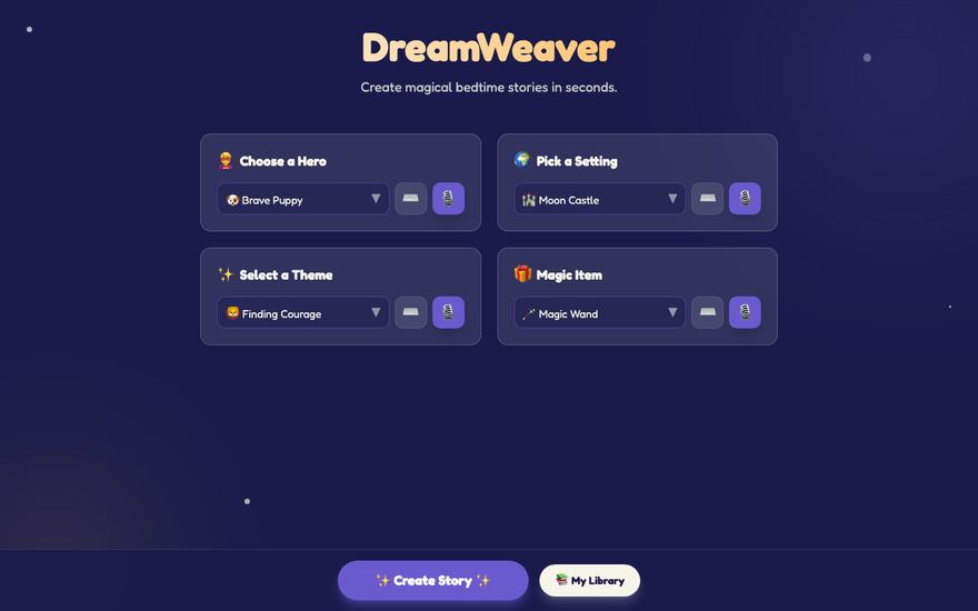 Screenshot of the DreamWeaver Kids app interface