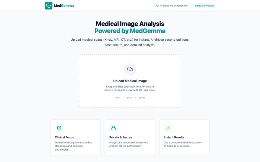 Screenshot of the MedGemma Analysis app interface