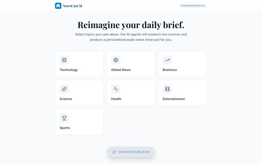 Screenshot of the Newscast AI app interface