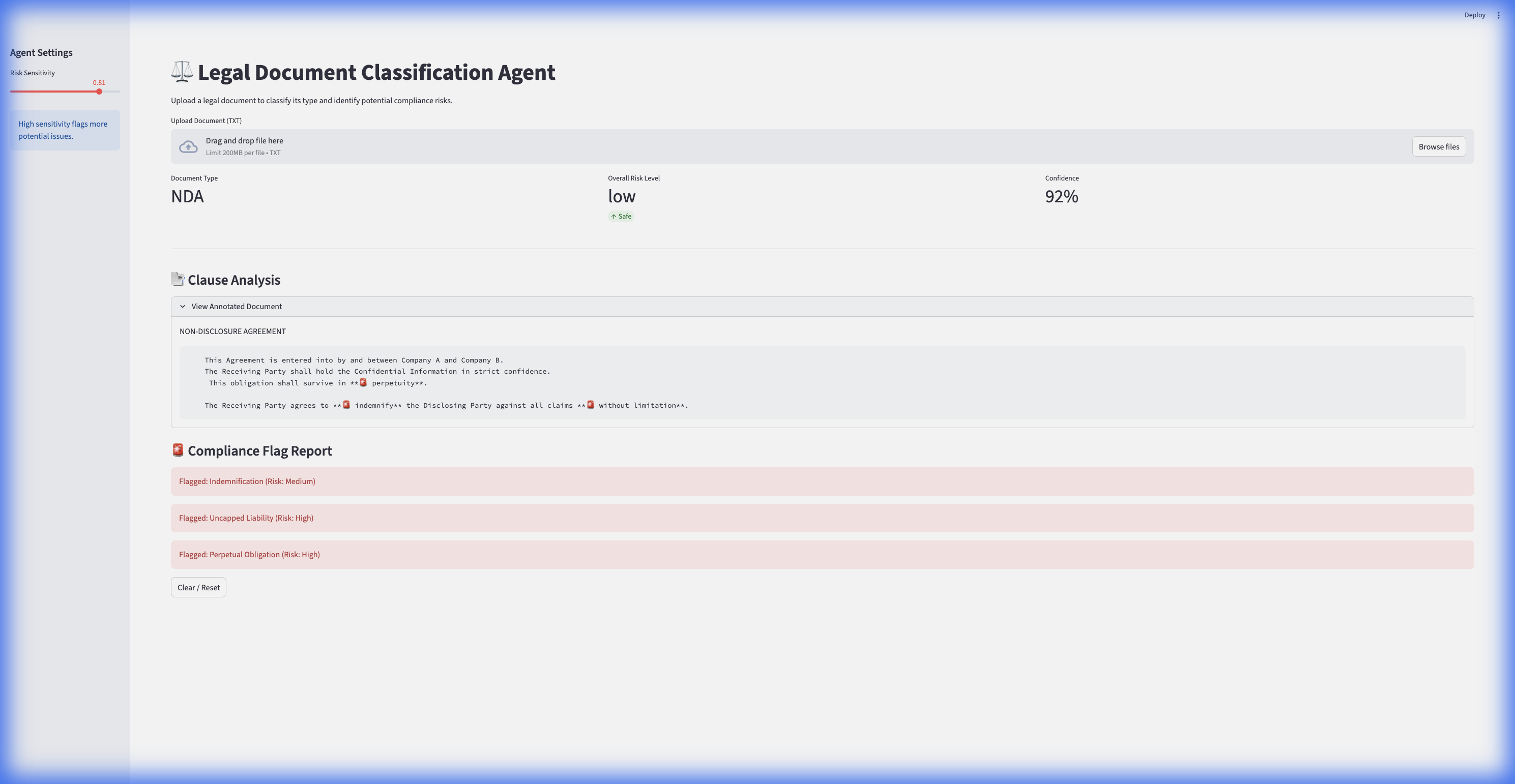 Legal Document Analysis interface showing contract classification and highlighted risk clauses