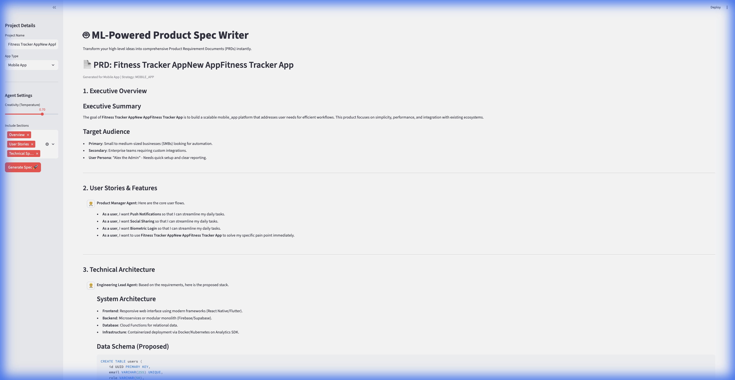 Product Spec Writer interface showing AI-generated PRD with user stories and engineering schema